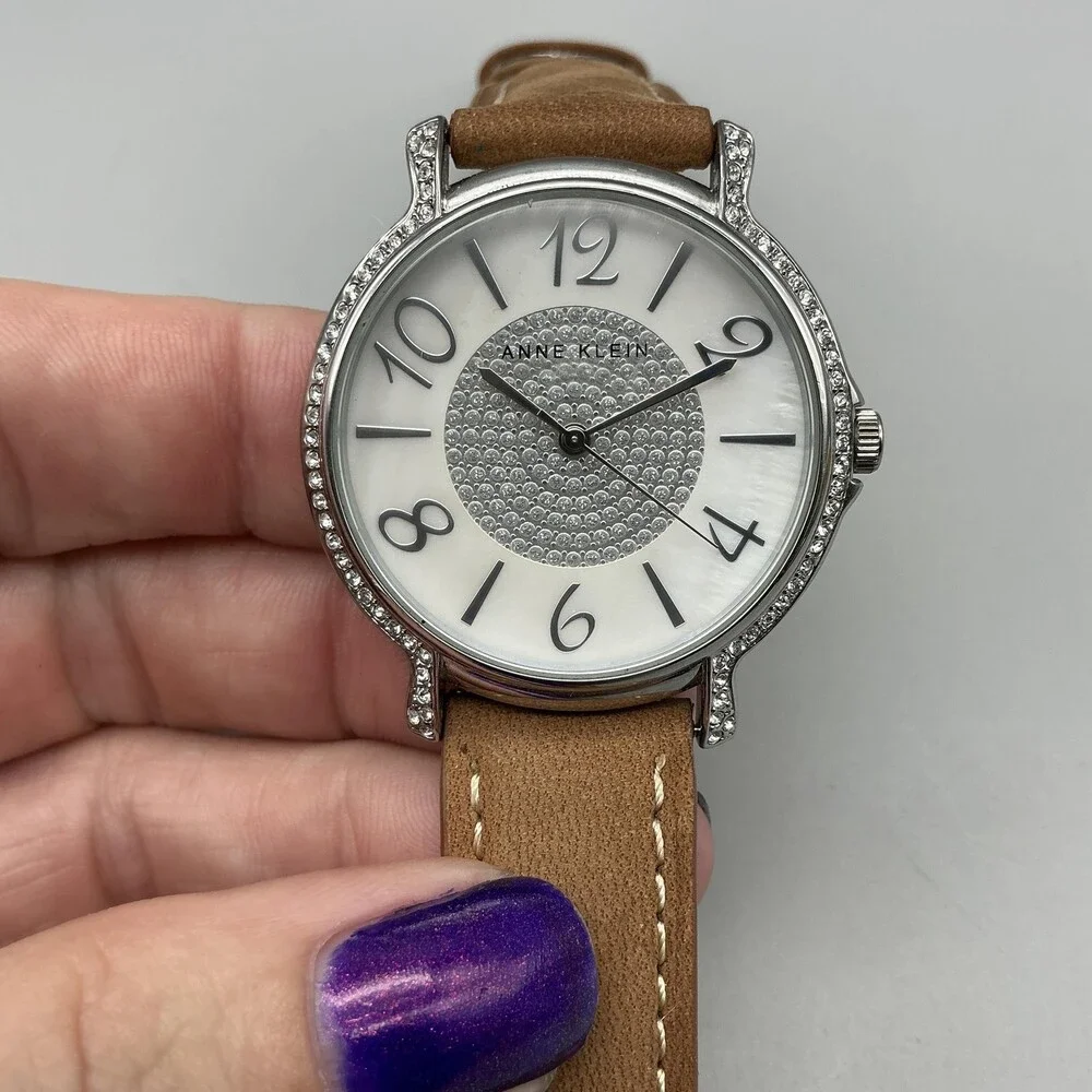 Anne Klein Womens Watch 37mm MOP Dial Brown Leather Crystals New Battery